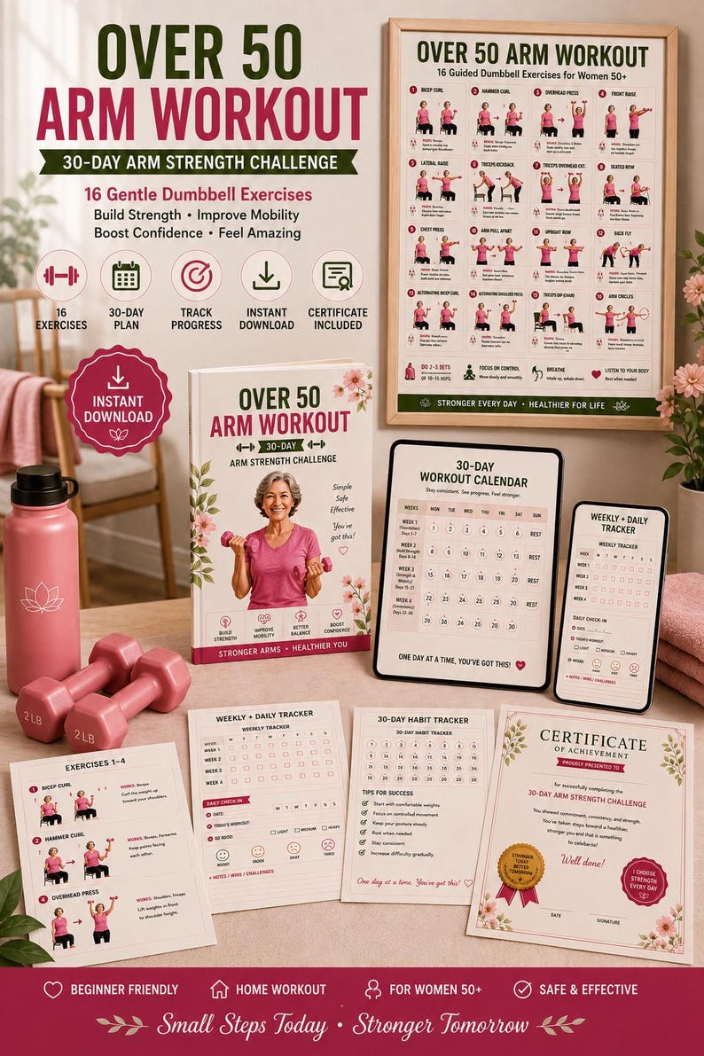 Over 50 Arm Workout Poster | 16 Dumbbell Exercises, Strength Guide (Digital Download) — original Etsy mockup 2