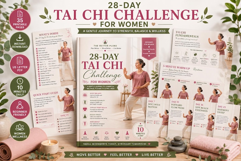 28 Day Tai Chi Challenge for Women ,Exercise Workbook for Seniors, Printable PDF, Gentle Movement and Progress Tracker — original Etsy mockup 5