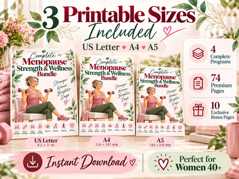 Menopause Strength & Wellness Bundle for Women 40+, 74-Page Printable Workout Planner — original Etsy mockup 10