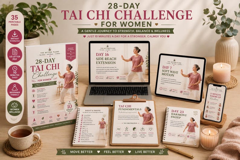 28 Day Tai Chi Challenge for Women ,Exercise Workbook for Seniors, Printable PDF, Gentle Movement and Progress Tracker — original Etsy mockup 9