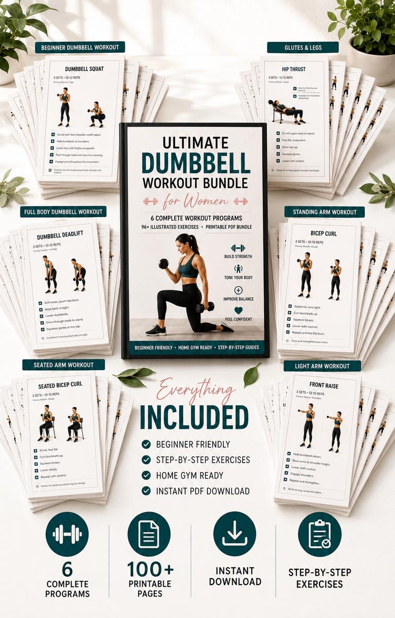 Printable Dumbbell Workout Bundle | Full Body, Arms, Legs, Glutes Exercise Charts (Digital Download) — original Etsy mockup 2