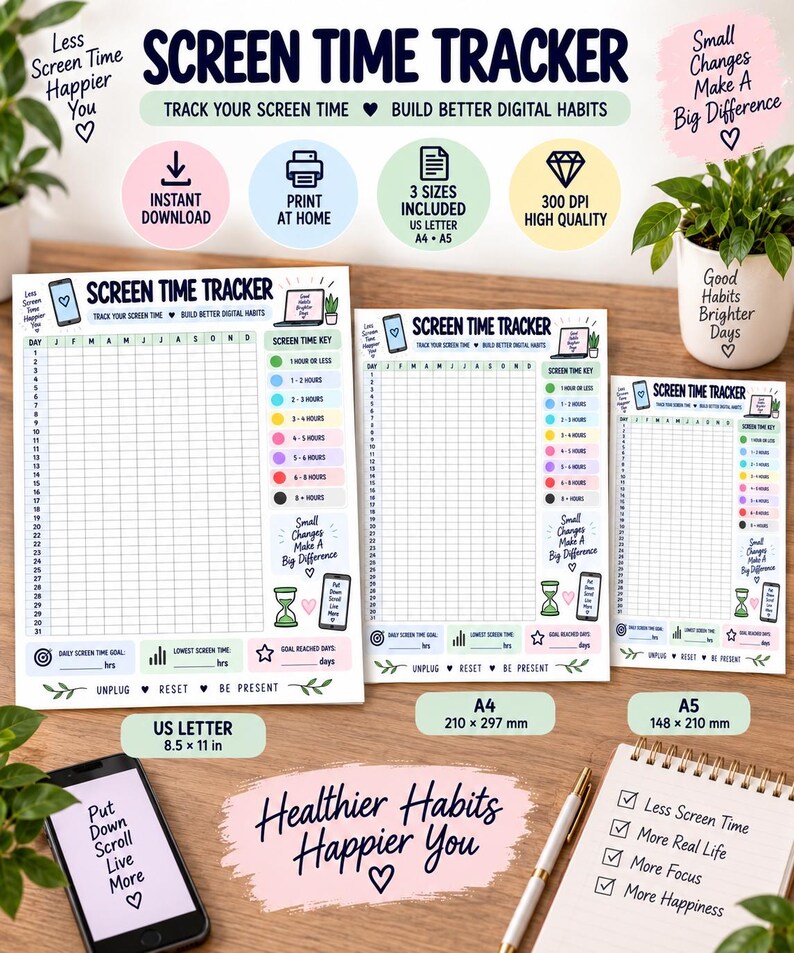 Screen Time Tracker Printable, Digital Wellness Habit Tracker, Phone Usage Log, Monthly Screen Time Chart, Digital Detox Planner PDF — original Etsy mockup 2