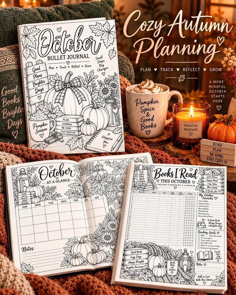 October Planner Printable, Pumpkin Bullet Journal, Black White Coloring Planner, Habit Mood Sleep Tracker PDF — original Etsy mockup 8