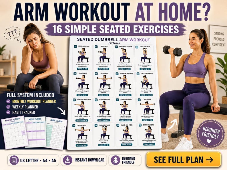 Seated Dumbbell Arm Workout for Women Printable | Chair Upper-Body Exercise Chart — original Etsy mockup 3