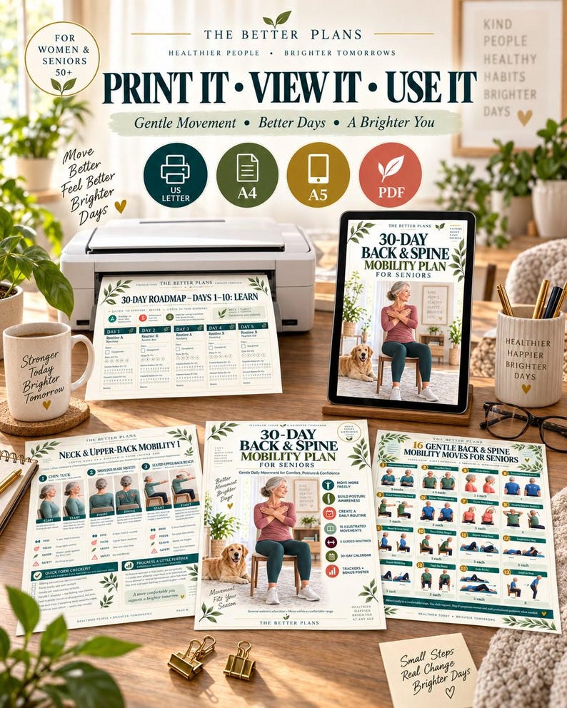 30-Day Back Mobility Plan for Seniors, Gentle Spine Exercise Printable, Seated Routines, Calendar and Tracker — original Etsy mockup 7