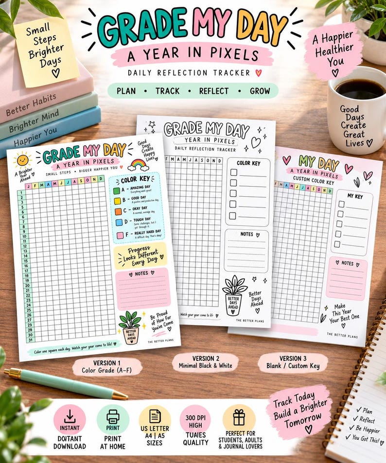 Daily Rating Tracker Printable, Grade Your Day Journal, Yearly Pixel Tracker, Habit & Mood Log, Self Care Planner, A4 A5 Letter PDF — original Etsy mockup 4