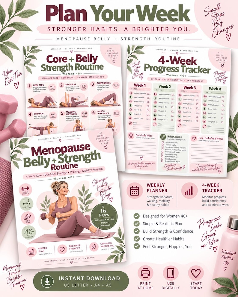 Women 40+ Strength Workout Plan, Menopause Core & Dumbbell Routine, 4-Week Walking Fitness Printable — original Etsy mockup 8
