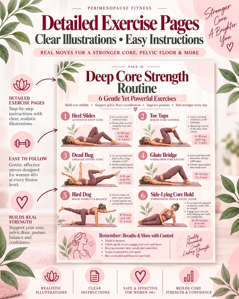 Women 40+ Core Strength Program, Pelvic Floor Coordination, Perimenopause Workout Planner PDF — original Etsy mockup 8