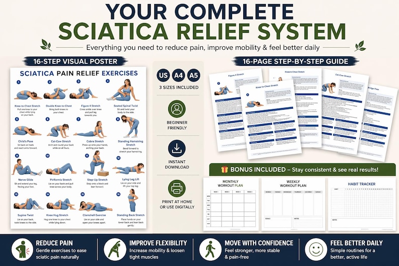 Sciatica Pain Relief Exercises – 16-step Stretching Guide (PDF Download ...