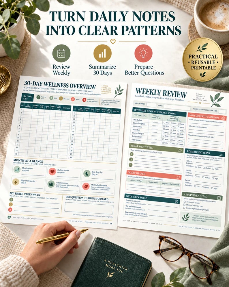 Menopause Symptom Tracker Printable, 30-Day Perimenopause Journal, Hot Flash Sleep Mood & Energy Log, Wellness Planner PDF — original Etsy mockup 4