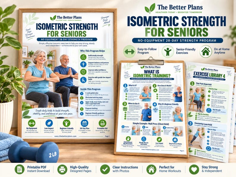 Senior Strength Workout Printable PDF, Isometric Exercises for Seniors, 4 Week Low Impact Home Program with Tracker — original Etsy mockup 4