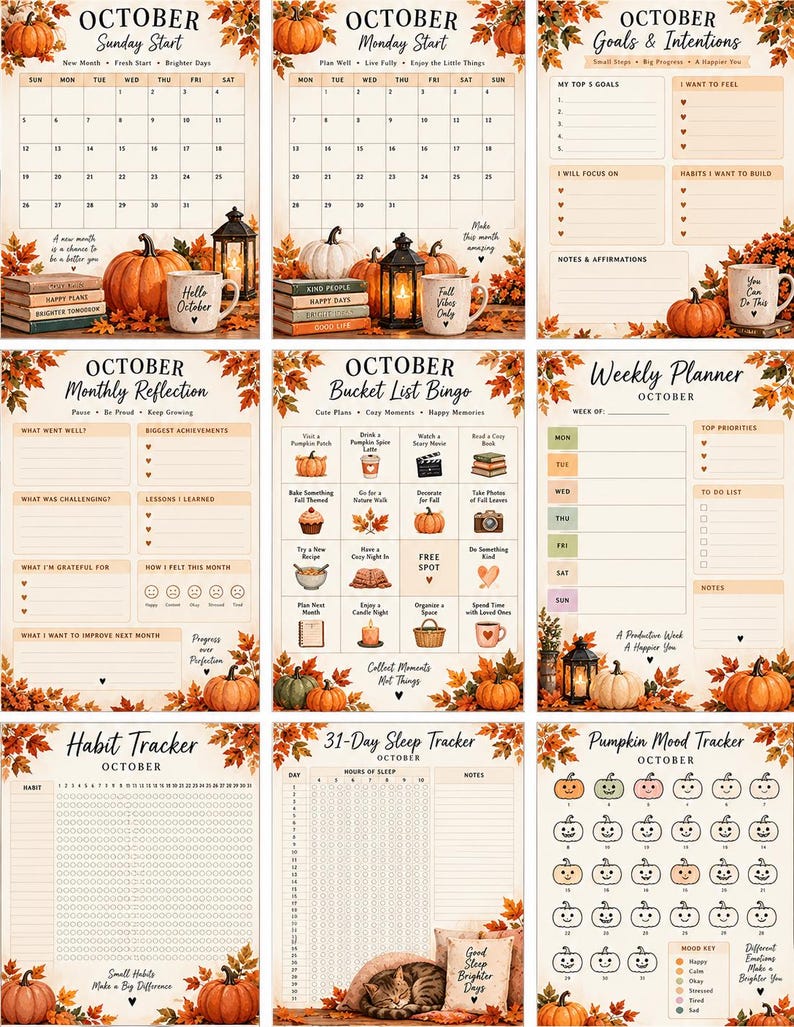 October Planner Printable, Fall Pumpkin Bullet Journal, 20 Page Habit Tracker, Mood Tracker, Self Care Journal PDF — original Etsy mockup 5