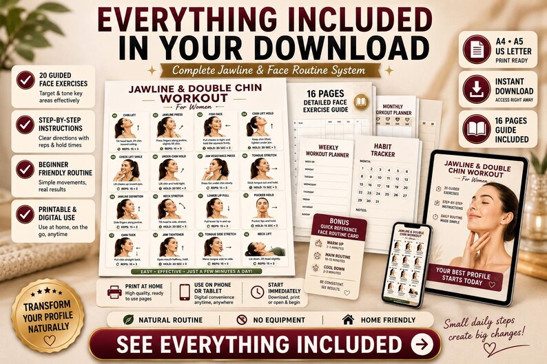 Jawline & Double Chin Exercises Printable | Face Yoga Neck Workout Chart — original Etsy mockup 4