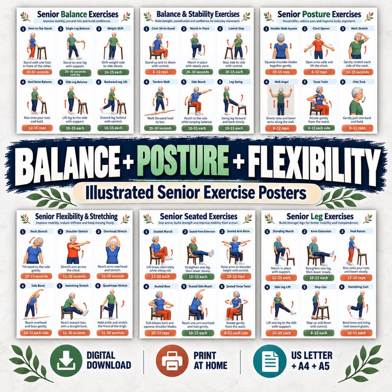 Exercise Posters for Seniors, 20 Low Impact Workout Charts + 8 Planners, Seated Standing Strength Balance PDF — original Etsy mockup 6