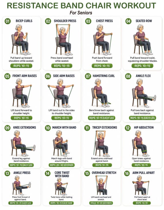 Senior Resistance Band Exercise Chart |Senior Workout Routine Printable | Resistance Band Exercises for Seniors | Fitness Poster PDF
