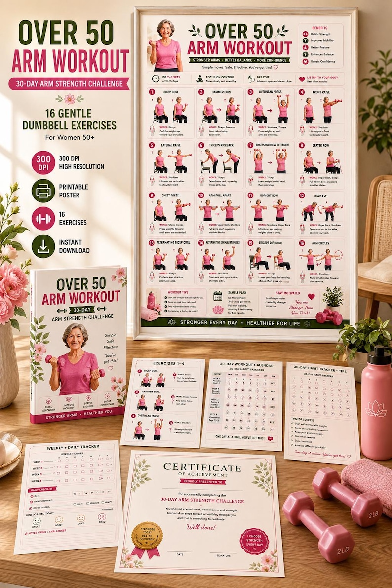 Over 50 Arm Workout Poster + 10 pages Guide | 16 Gentle Dumbbell Exercises for Women | Senior Strength & Arm Toning Printable — original Etsy mockup 2