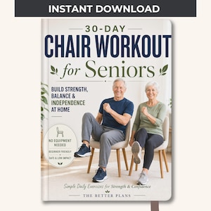 Può includere: Copertina di un libro con il titolo "30-Day Chair Workout for Seniors". L'immagine mostra una coppia di anziani che si esercitano su sedie. Il testo include "Build Strength, Balance & Independence at Home" e "No Equipment Needed".