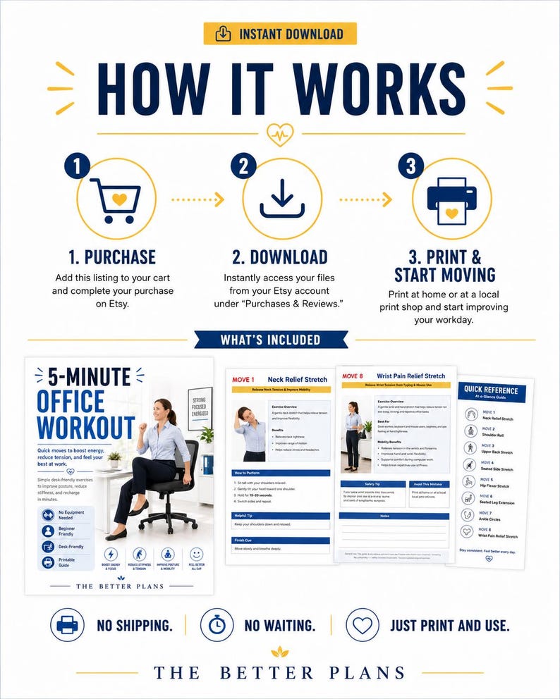 5-Minute Office Workout Printable PDF, Desk Exercise Guide, Tracker & 30-Day Challenge — original Etsy mockup 8