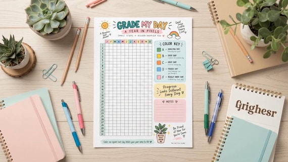 Grade My Day Tracker Printable, Year in Pixels Journal, Daily Mood Tracker, Yearly Habit Tracker, Daily Reflection Planner PDF