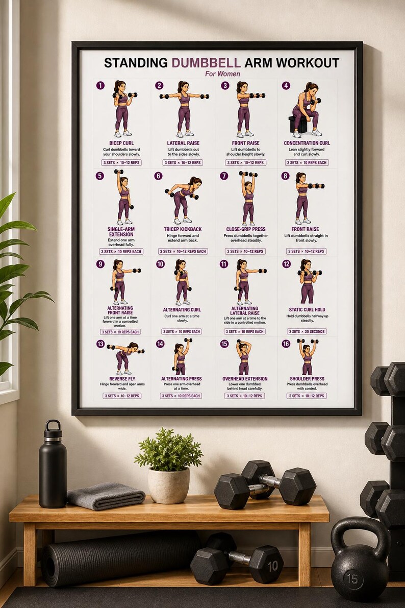 Standing Dumbbell Arm Workout for Women Printable | Upper-Body Strength Chart — original Etsy mockup 2