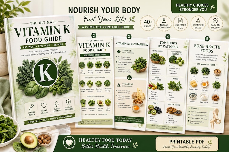 Vitamin K Food Chart & Nutrition Guide | Bone Health, K1 vs K2 (PDF) — original Etsy mockup 2