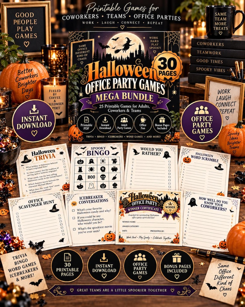 Halloween Office Party Games Mega Bundle, 30 Printable Games for Work, Coworker Team Building Activities, Adult Halloween Games PDF — original Etsy mockup 2