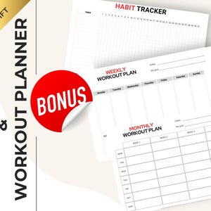 Puede incluir: Un conjunto de rastreadores de h&aacute;bitos y planificadores de entrenamiento en papel blanco. La hoja superior est&aacute; etiquetada como "HABIT TRACKER" con una cuadr&iacute;cula para el seguimiento diario de h&aacute;bitos. Hojas adicionales incluyen planes de entrenamiento semanales y mensuales. Una pegatina roja "BONUS" es visible.