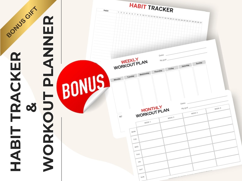 Puede incluir: Un conjunto de rastreadores de h&aacute;bitos y planificadores de entrenamiento en papel blanco. La hoja superior est&aacute; etiquetada como "HABIT TRACKER" con una cuadr&iacute;cula para el seguimiento diario de h&aacute;bitos. Hojas adicionales incluyen planes de entrenamiento semanales y mensuales. Una pegatina roja "BONUS" es visible.