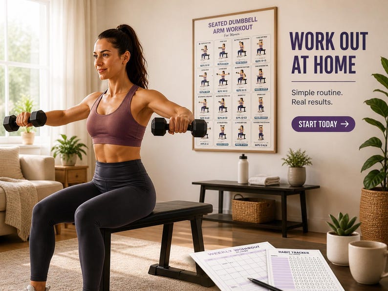 Seated Dumbbell Arm Workout for Women Printable | Chair Upper-Body Exercise Chart — original Etsy mockup 8