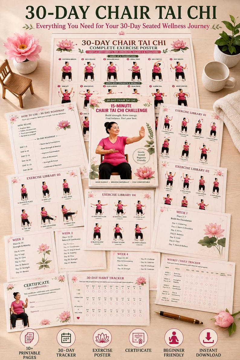 Tai Chi Chair Workout Weight Loss | 30 Day Chair Exercise Plan, Senior Wellness Printable 10 Pages Guide — original Etsy mockup 7