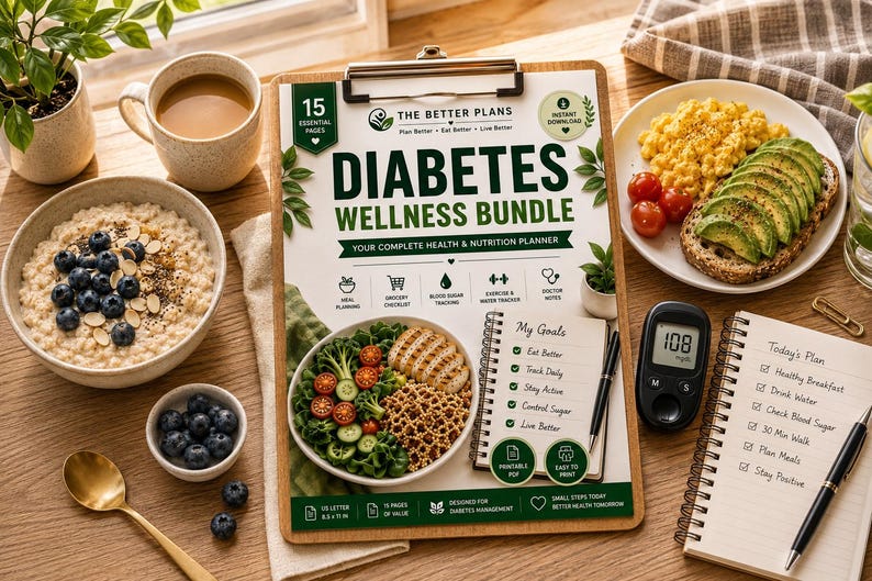 Diabetes Wellness Bundle Printable PDF | Blood Sugar Log, Meal Planner, Grocery Checklist, Low GI Foods, Diabetes Tracker — original Etsy mockup 9