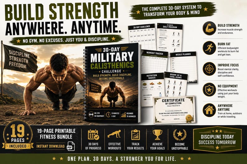 30-Day Military Calisthenics Challenge Printable | No-Equipment Bodyweight Plan — original Etsy mockup 13