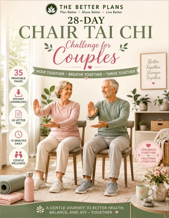 28 Day chair Tai Chi Challenge for Couples Printable PDF, 4 Week Balance & Flexibility Program for All Levels, Gentle Daily Workout Poster