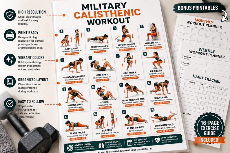 Military Calisthenics Workout Chart | Military Bodyweight Workout Plan | No Equipment Home Fitness Printable — original Etsy mockup 5