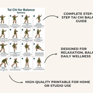 Puede incluir: Gu&iacute;a imprimible de Tai Chi para personas mayores. La gu&iacute;a presenta 16 pasos ilustrados para el equilibrio, la relajaci&oacute;n y el bienestar diario. El texto incluye "Tai Chi for Balance Seniors", "Complete Step-by-Step Tai Chi Balance Guide".