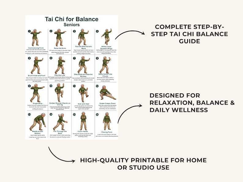 Puede incluir: Gu&iacute;a imprimible de Tai Chi para personas mayores. La gu&iacute;a presenta 16 pasos ilustrados para el equilibrio, la relajaci&oacute;n y el bienestar diario. El texto incluye "Tai Chi for Balance Seniors", "Complete Step-by-Step Tai Chi Balance Guide".