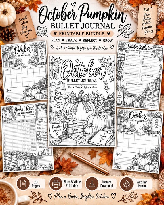 October Planner Printable, Pumpkin Bullet Journal, Black White Coloring Planner, Habit Mood Sleep Tracker PDF