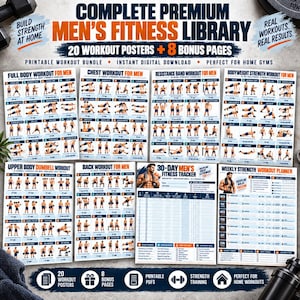 Puede incluir: Un paquete de biblioteca de fitness digital con 20 pósteres de entrenamiento y 8 páginas adicionales. La colección incluye tablas para ejercicios de cuerpo completo, pecho, bandas de resistencia, peso corporal, tren superior y espalda.