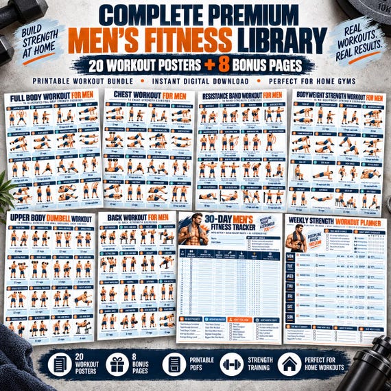 Men's Home Workout Printable Bundle, 20 Strength Posters + 8 Fitness Logs, Push Pull Legs Dumbbell Calisthenics PDF