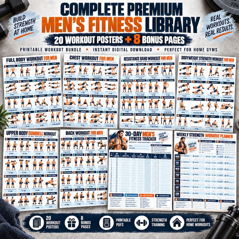 Men's Home Workout Printable Bundle, 20 Strength Posters + 8 Fitness Logs, Push Pull Legs Dumbbell Calisthenics PDF