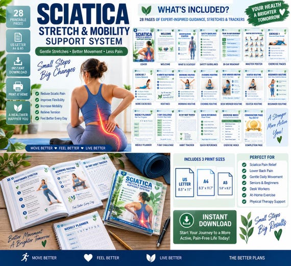 Lower Back Sciatica Mobility Workbook, 28-Page Stretch Routine, Planner, Trackers & Exercise Guide