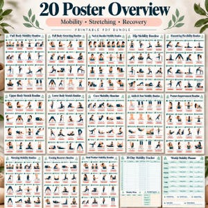Op de afbeelding: Een printbaar PDF-pakket met 20 posters met oefenroutines voor mobiliteit, stretchen en herstel. De collectie bevat schema's voor het hele lichaam, nek, schouders, heupen, hamstrings, boven- en onderlichaam, core, enkels, voeten en houding.