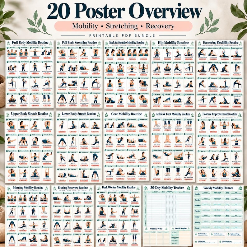 Stretching & Mobility Printable Bundle, 20 Workout Posters + 8 Planners, Hip Back Shoulder Flexibility Home Exercise PDF