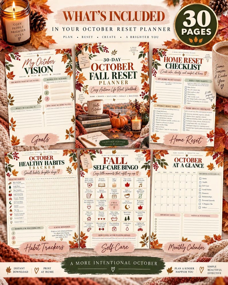 Autumn Reset Workbook Printable, 30 Page October Planner, Fall Home Organization Self Care Habit Tracker Goal Setting PDF — original Etsy mockup 4