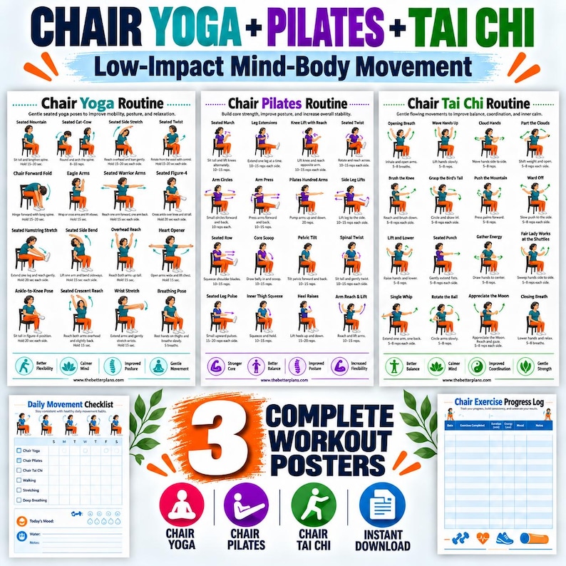 Chair Exercise Bundle for Seniors, 20 Seated Workout Posters + 8 Printable Trackers — original Etsy mockup 7