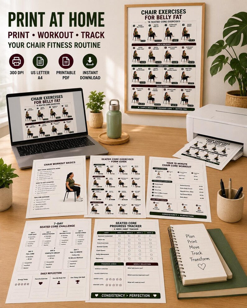 Chair Exercises for Belly Fat | 16 Seated Core Exercises to Strengthen Abs & Support Fat Loss | Printable Low Impact Workout Poster PDF — original Etsy mockup 8