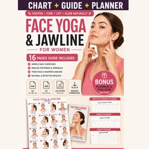 Utskrivbar guide för ansiktsyoga, käklinjeövningar | Träningsrutin för nacke och ansikte (digital nedladdning)