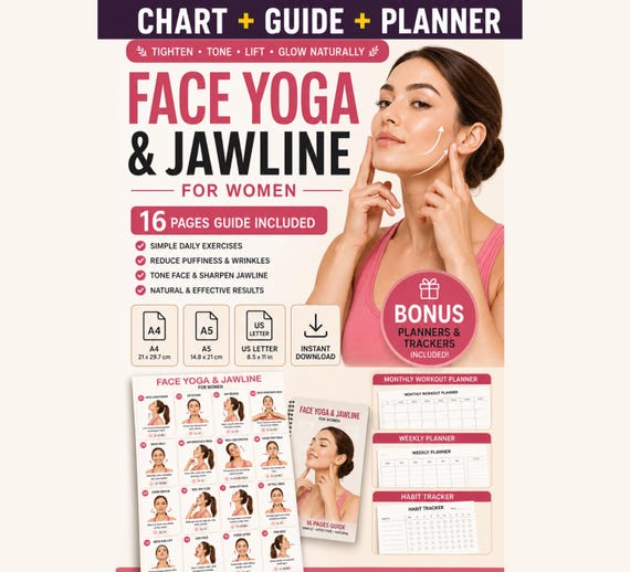 Face Yoga Jawline Exercises Printable | Facial & Neck Self-Care Chart