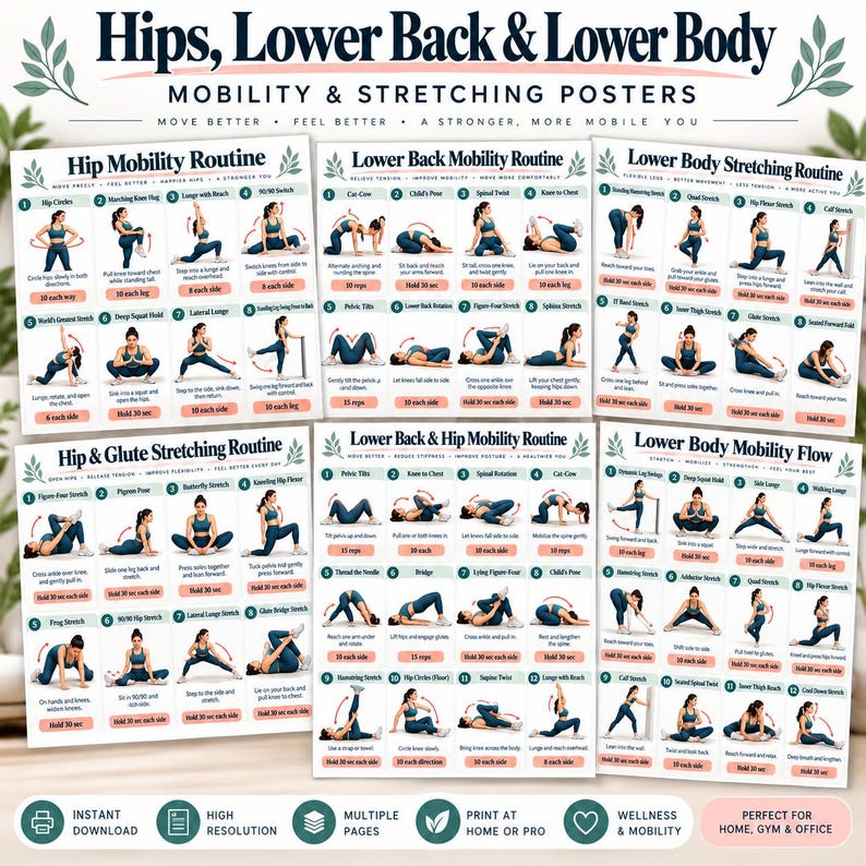 Mobility & Stretching Bundle Printable, 20 Exercise Posters + 8 Trackers, Full Body Flexibility Warm Up Cool Down PDF — original Etsy mockup 5