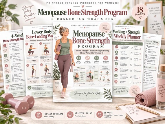 Menopause Bone Strength Program, 4-Week Strength & Balance Workout for Women 40+, Printable Home Fitness PDF